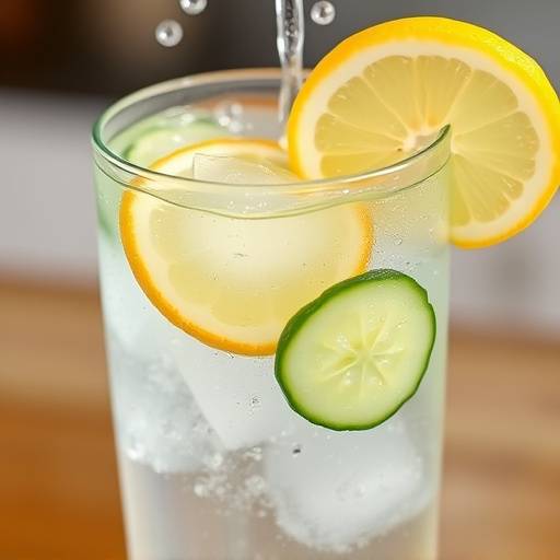 A glass of fresh water with slices of lemon and cucumber, illustrating the importance of hydration.