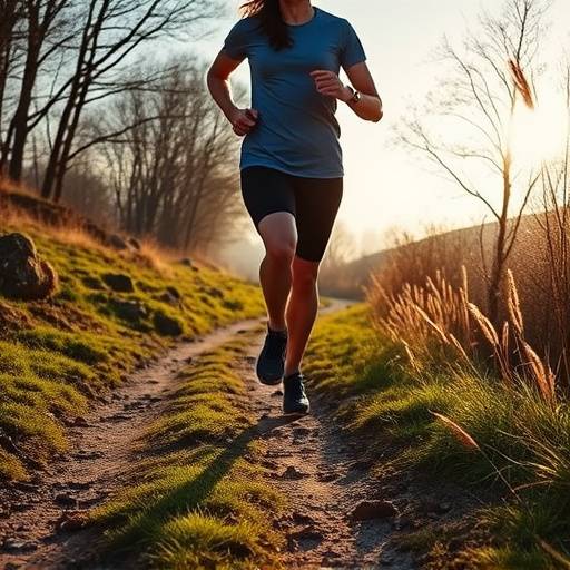 A person jogging on a scenic trail, representing cardiovascular exercise.